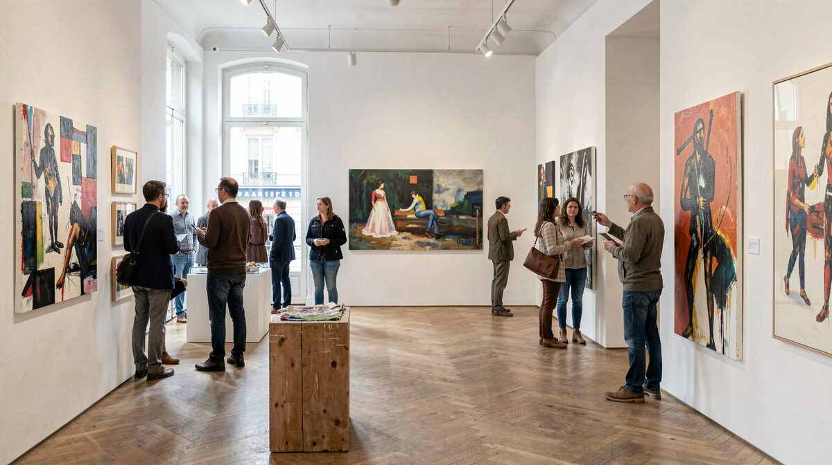 Grande salle blanche d une galerie parisienne avec un banc en bois et des visiteurs devant des tableaux abstraits