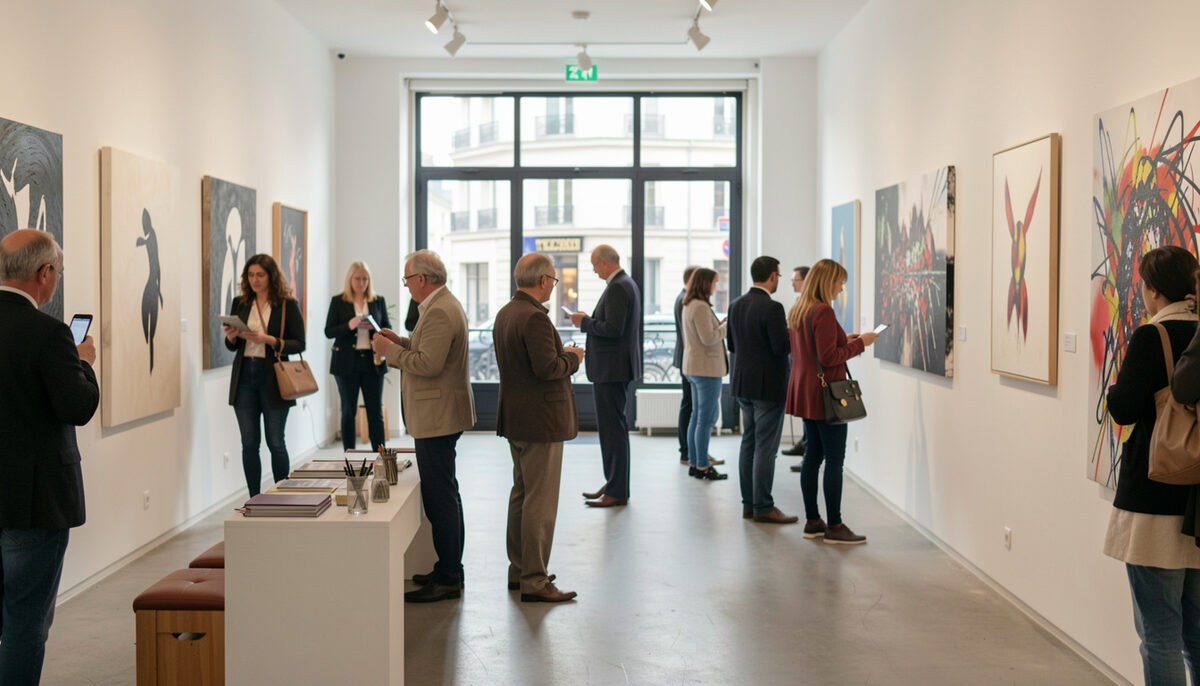Detail de mains gantees manipulant une oeuvre sur papier pendant un accrochage en galerie