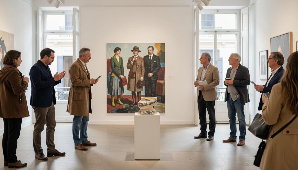 Allee d une foire d art contemporain avec des stands blancs et des visiteurs en soiree