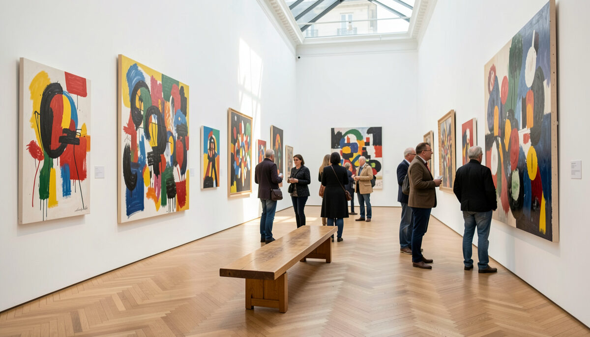 Salle lumineuse d une galerie parisienne avec des murs blancs, un banc en bois et des visiteurs devant de grandes peintures