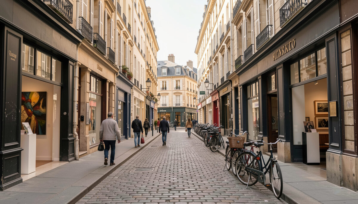 Rue historique du Marais l apres-midi avec des galeries d art, des pietons et des velos gares devant