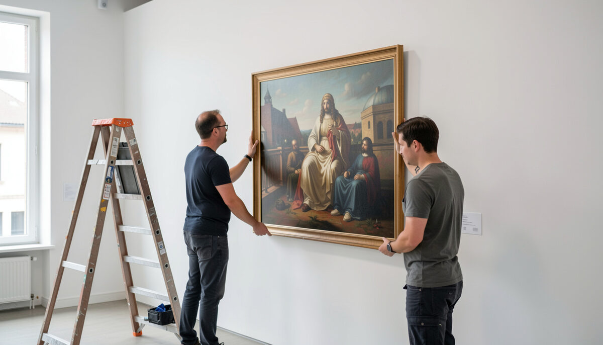 Deux regisseurs installant un grand tableau encadre sur un mur blanc de galerie avec une echelle a proximite