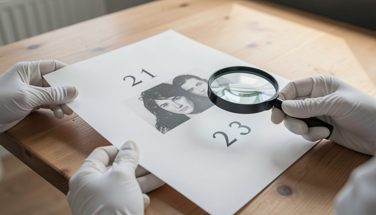 Des mains en gants blancs tenant une estampe d art numerotee pres d une loupe posee sur une table