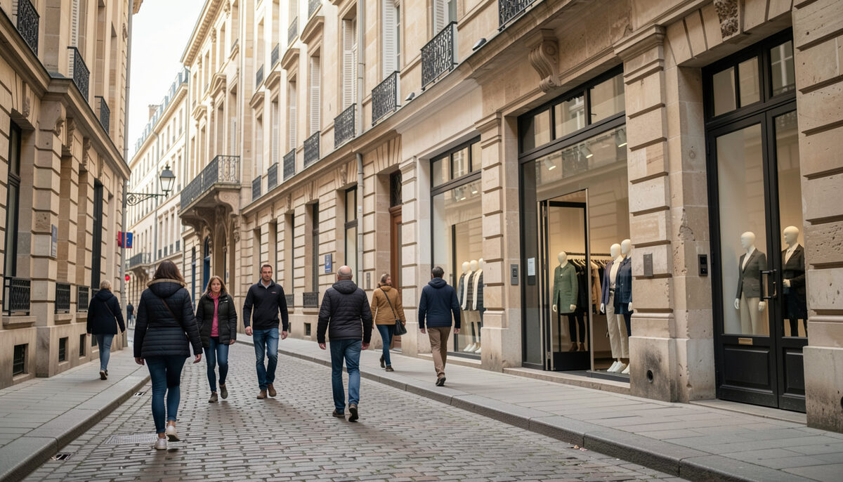 Des visiteurs dans une rue pavee du Marais devant des immeubles en pierre et une vitrine de galerie