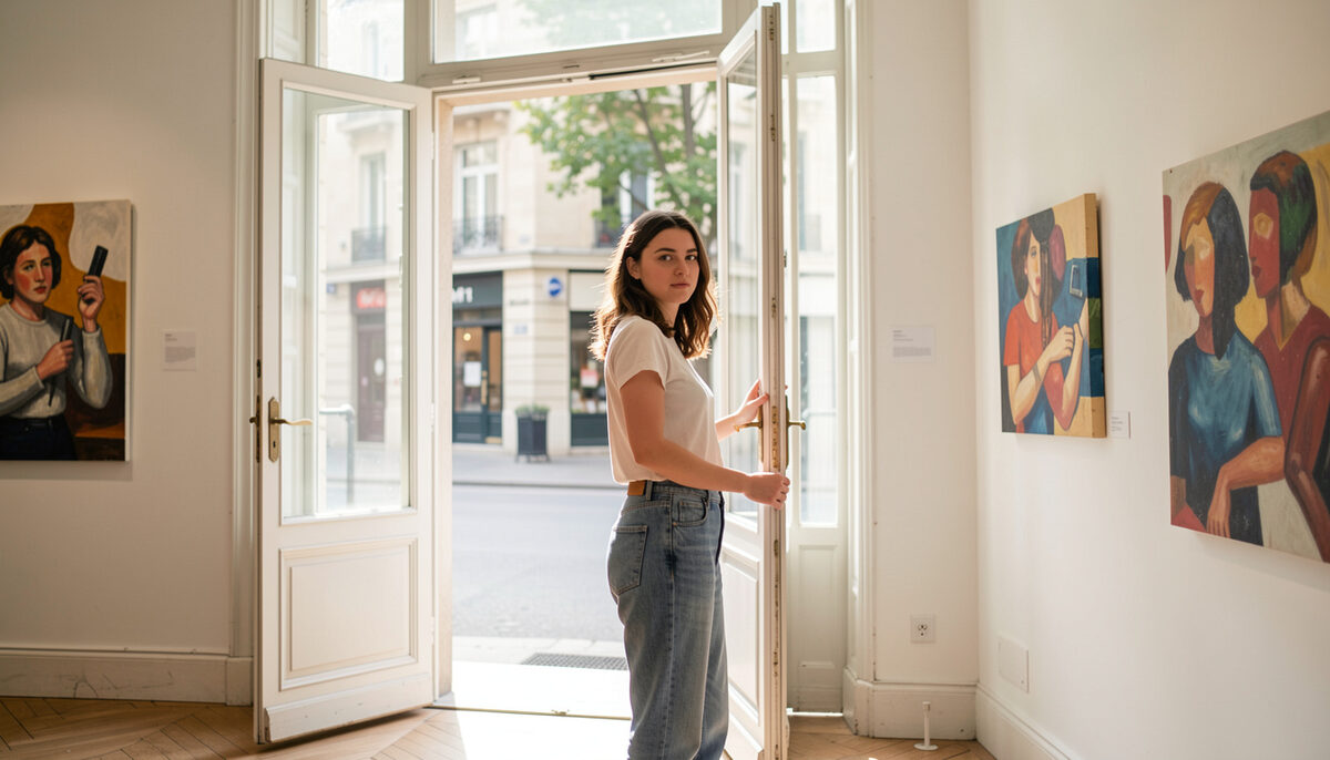Une jeune femme devant la porte ouverte d une galerie d art parisienne lumineuse par une journee ensoleillee
