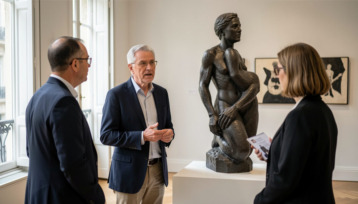 Un galeriste en veste sombre discutant avec deux visiteurs devant une sculpture dans une galerie parisienne